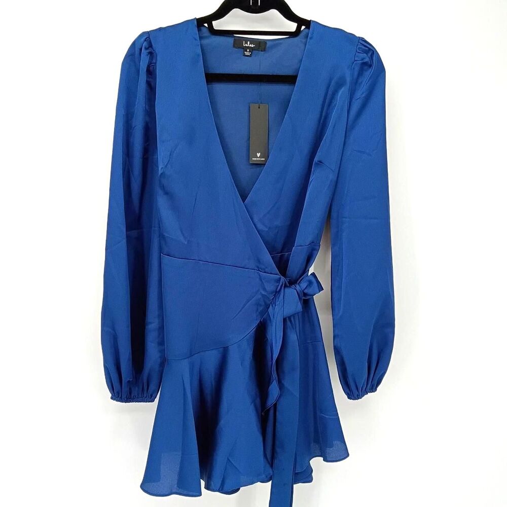 Royal Blue Satin Wrap Mini Dress Long Sleeve Ruffle Tie Waist S NWT Feminine